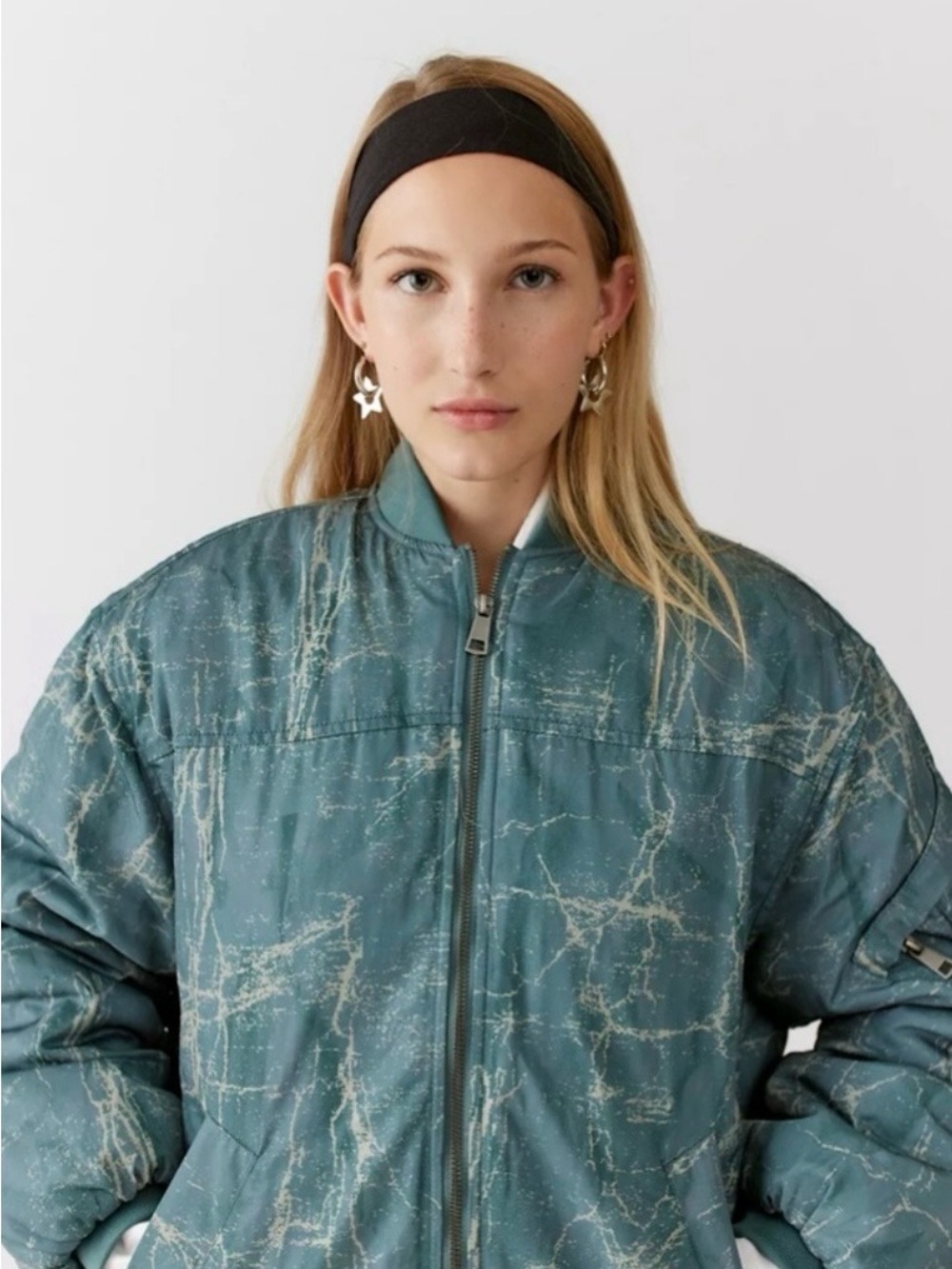 BDG Urban Outfitters Marcy Teal Abstract Print Bomber Jacket XS